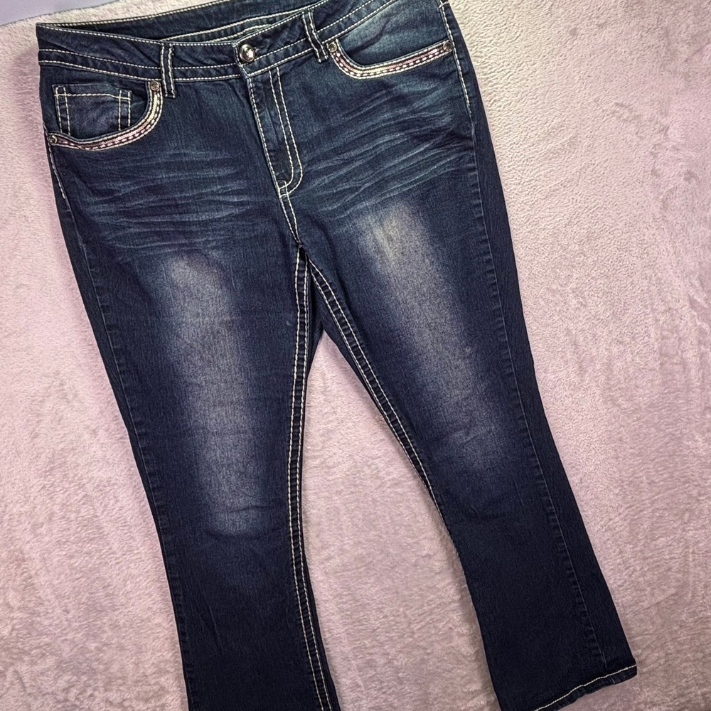 Faded Glory Women Jeans Size 16A Dark Wash Embroidered‎ Sequin Bootcut Stretch